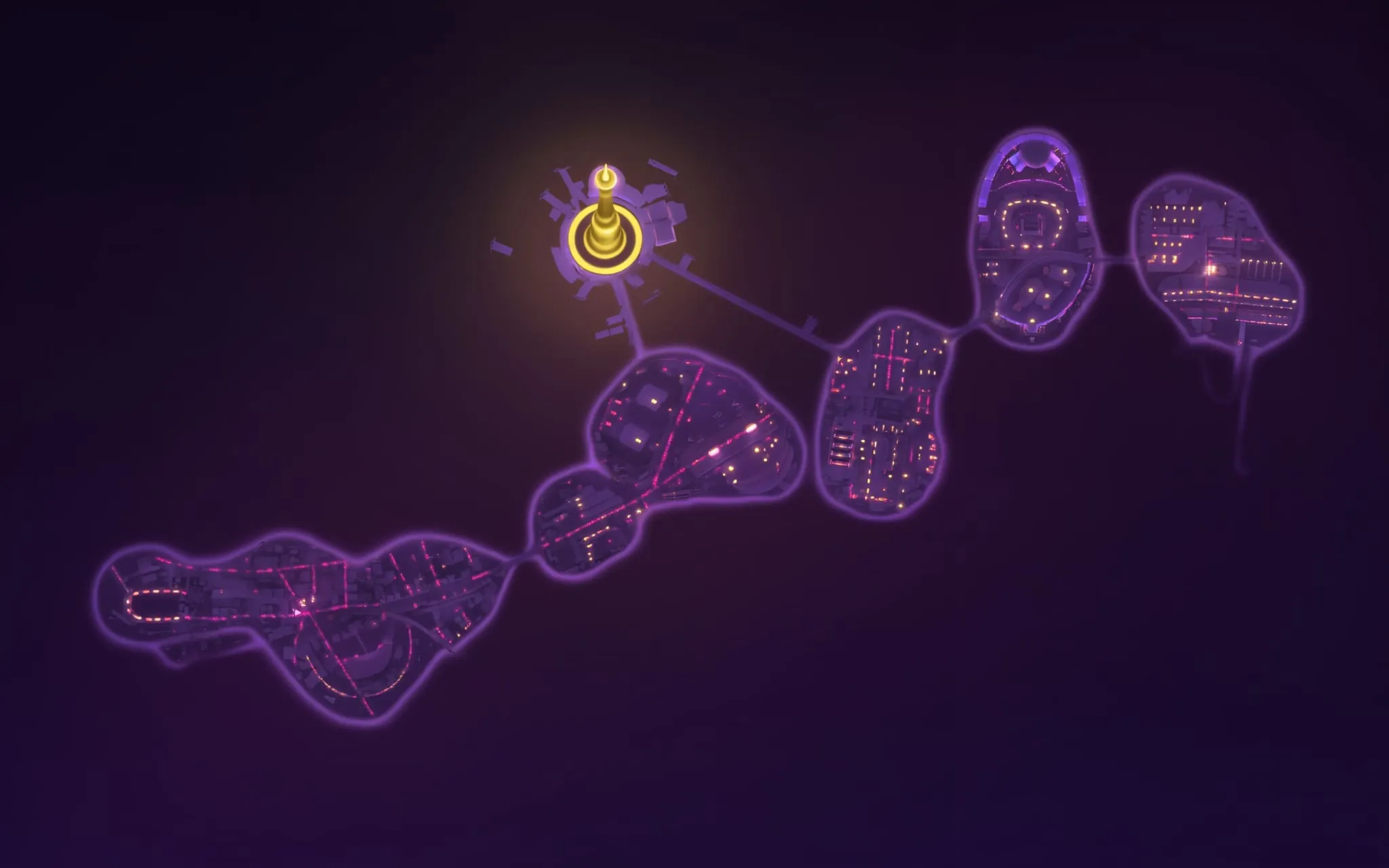 The Home World map — islands linked by routes, with the Tower burning at the centre